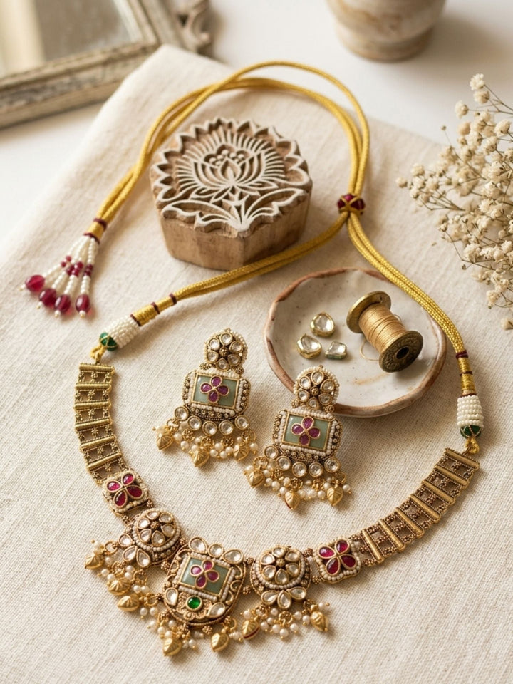 Gold Floral Polki Necklace Set | SHOBITAM