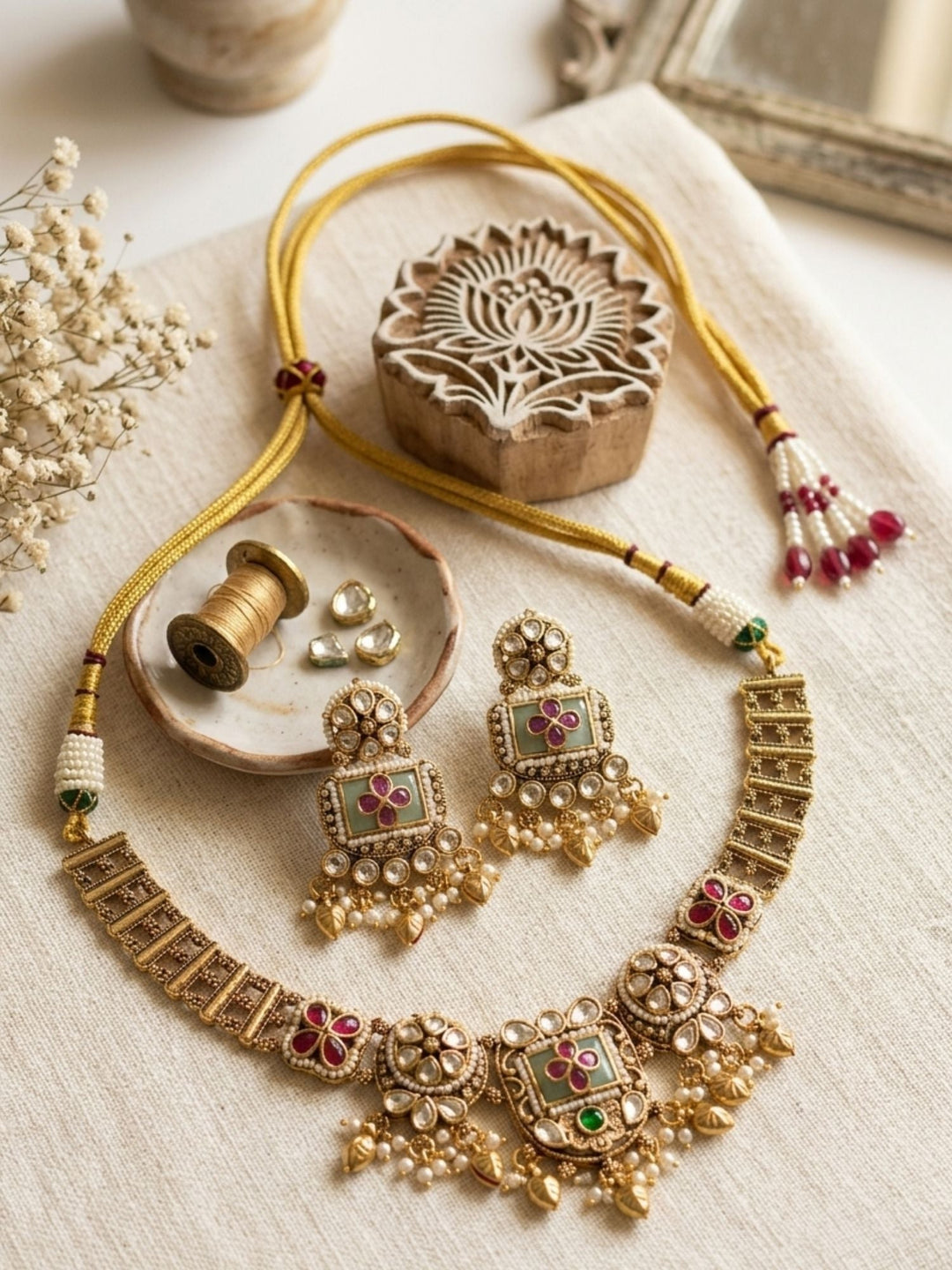Gold Floral Polki Necklace Set | SHOBITAM