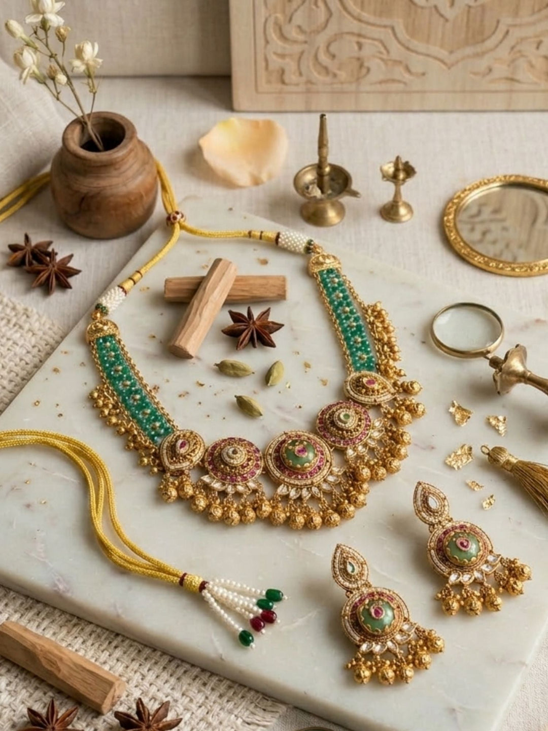 Heritage Jadau Emerald Necklace Set | SHOBITAM