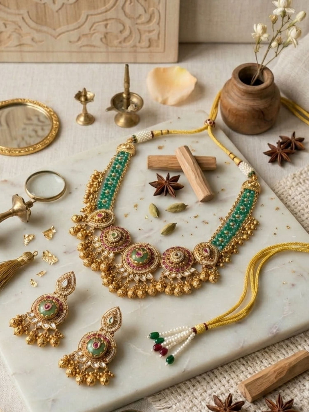 Heritage Jadau Emerald Necklace Set | SHOBITAM
