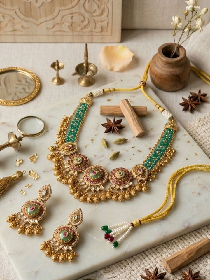 Heritage Jadau Emerald Necklace Set | SHOBITAM