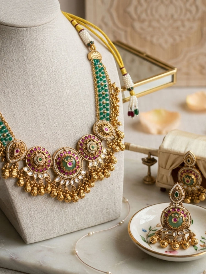 Heritage Jadau Emerald Necklace Set | SHOBITAM