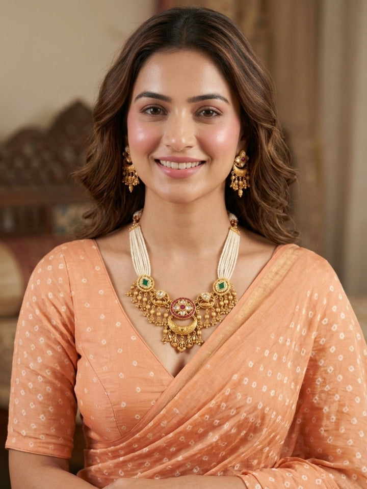 Jadau Lotus Motifs With Bead Pearl Drops Necklace Set | SHOBITAM