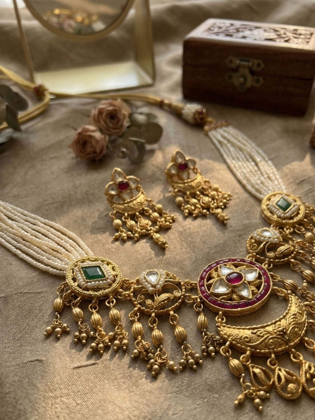 Jadau Lotus Motifs With Bead Pearl Drops Necklace Set | SHOBITAM