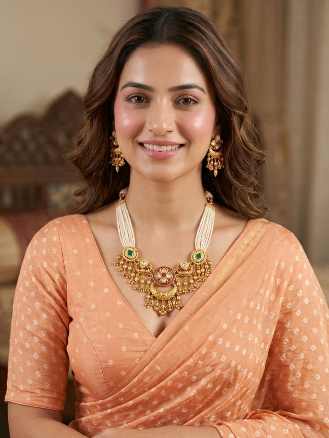 Jadau Lotus Motifs With Bead Pearl Drops Necklace Set | SHOBITAM