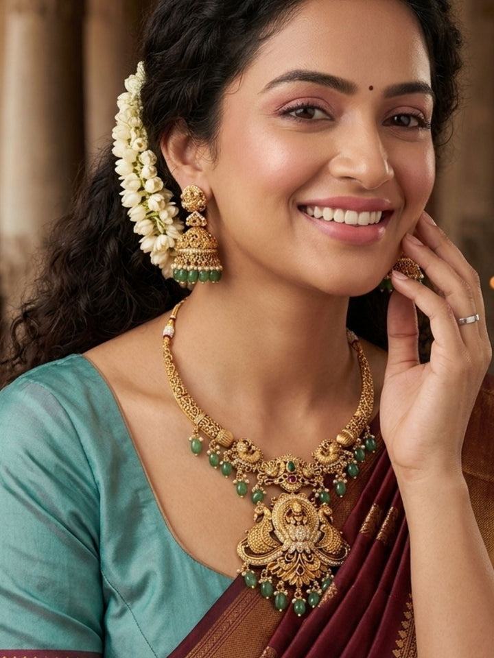 Temple Heritage Gold Necklace Set with Green Bead Drops | SHOBITAM