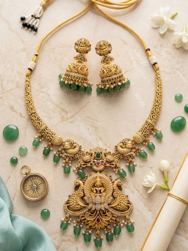 Temple Heritage Gold Necklace Set with Green Bead Drops | SHOBITAM