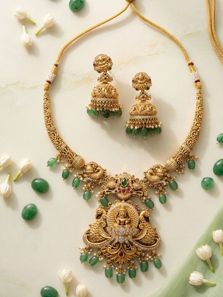 Temple Heritage Gold Necklace Set with Green Bead Drops | SHOBITAM