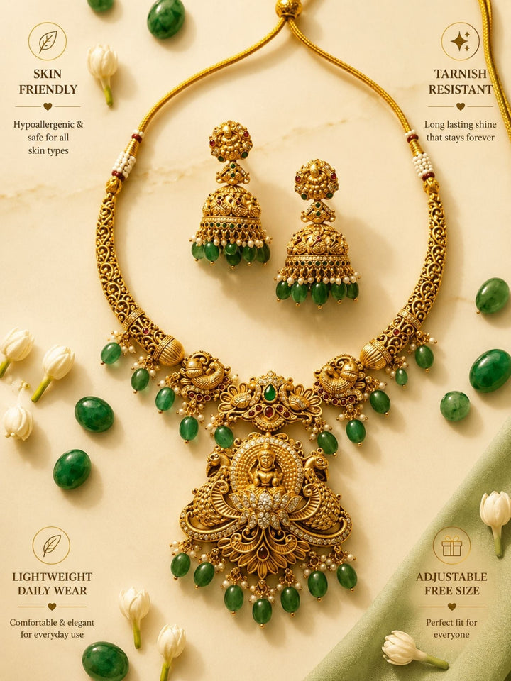 Temple Heritage Gold Necklace Set with Green Bead Drops | SHOBITAM