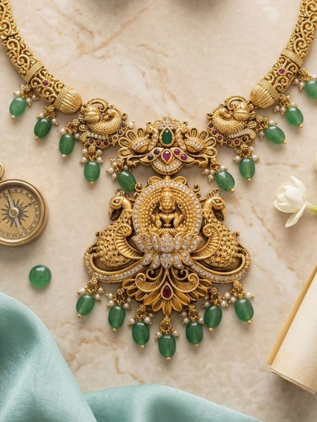 Temple Heritage Gold Necklace Set with Green Bead Drops | SHOBITAM