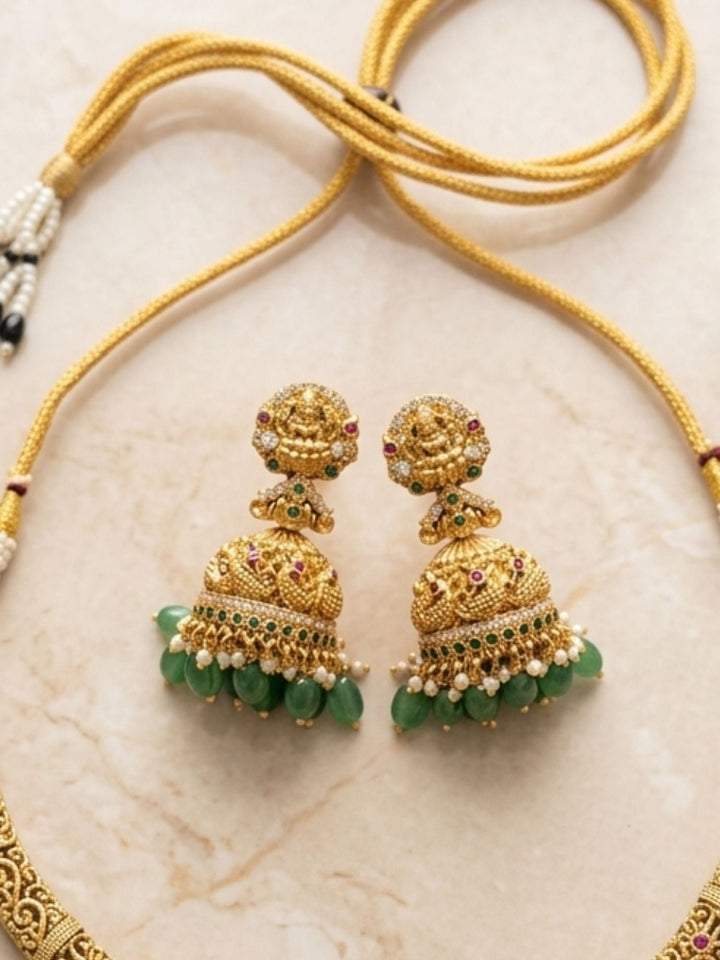 Temple Heritage Gold Necklace Set with Green Bead Drops | SHOBITAM