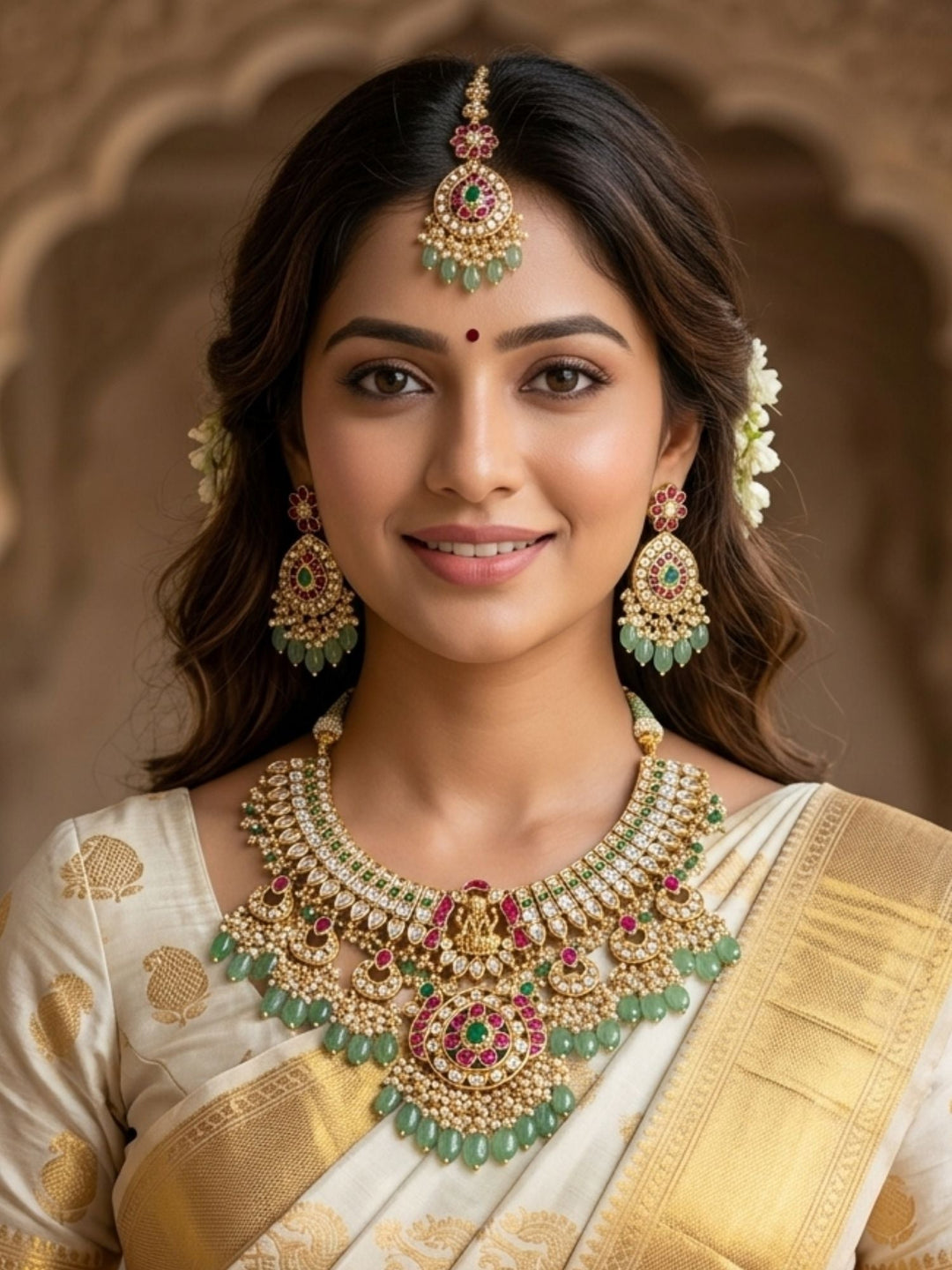 Royal Kundan Bridal Choker Set with Maang Tikka & Green Drops | SHOBITAM
