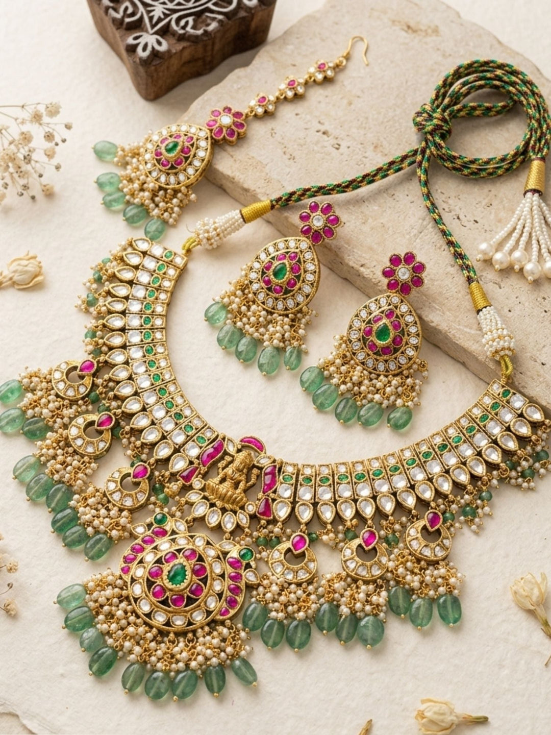 Royal Kundan Bridal Choker Set with Maang Tikka & Green Drops | SHOBITAM