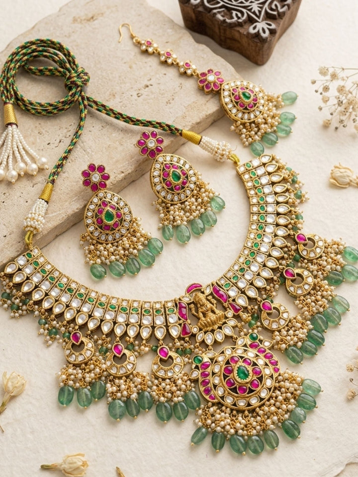 Royal Kundan Bridal Choker Set with Maang Tikka & Green Drops | SHOBITAM
