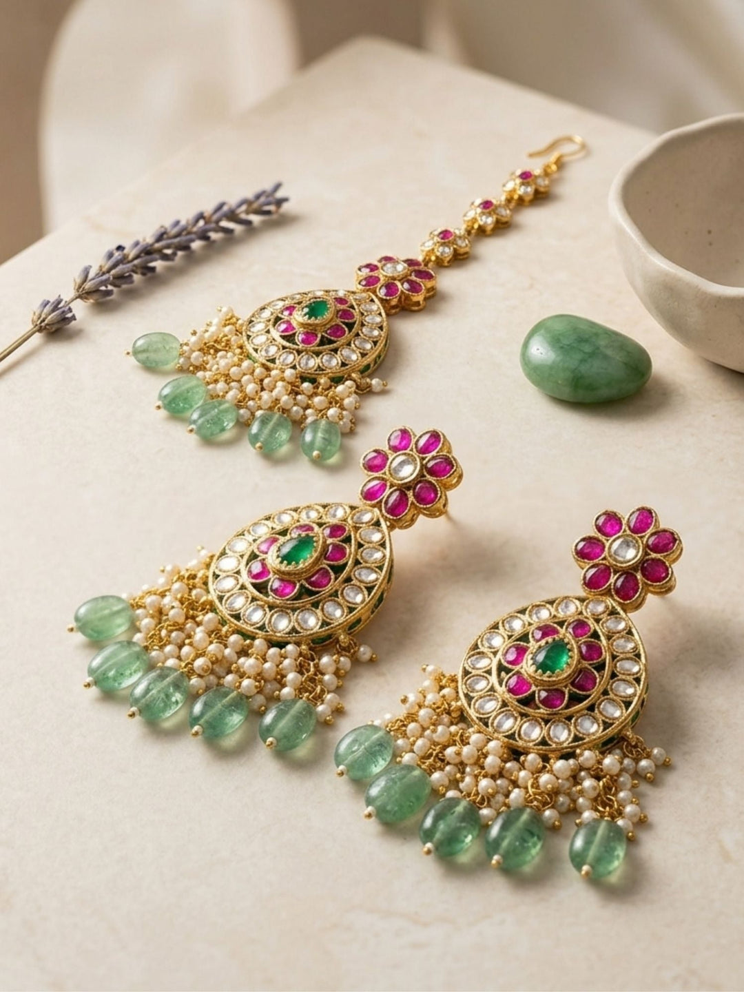Royal Kundan Bridal Choker Set with Maang Tikka & Green Drops | SHOBITAM