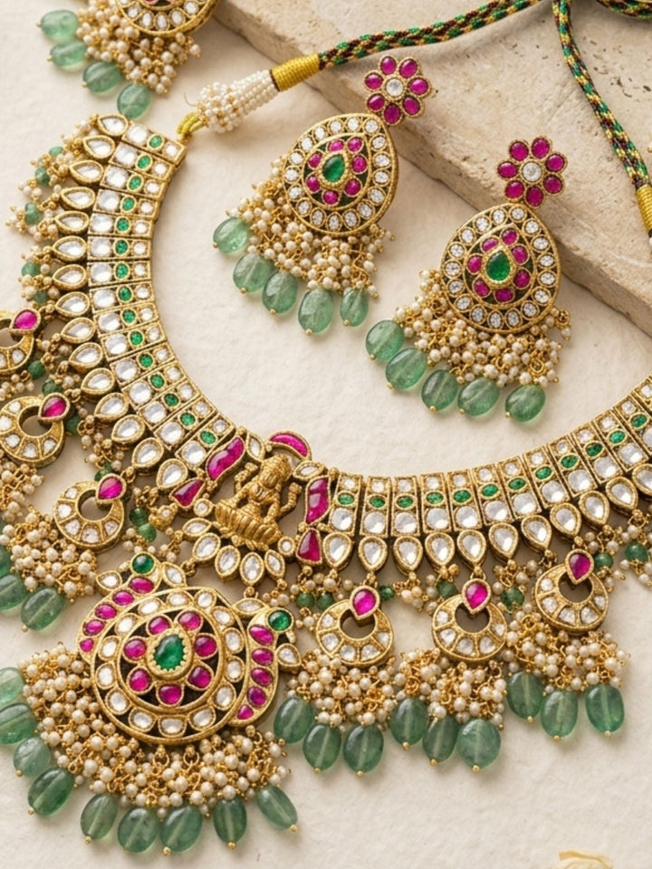 Royal Kundan Bridal Choker Set with Maang Tikka & Green Drops | SHOBITAM