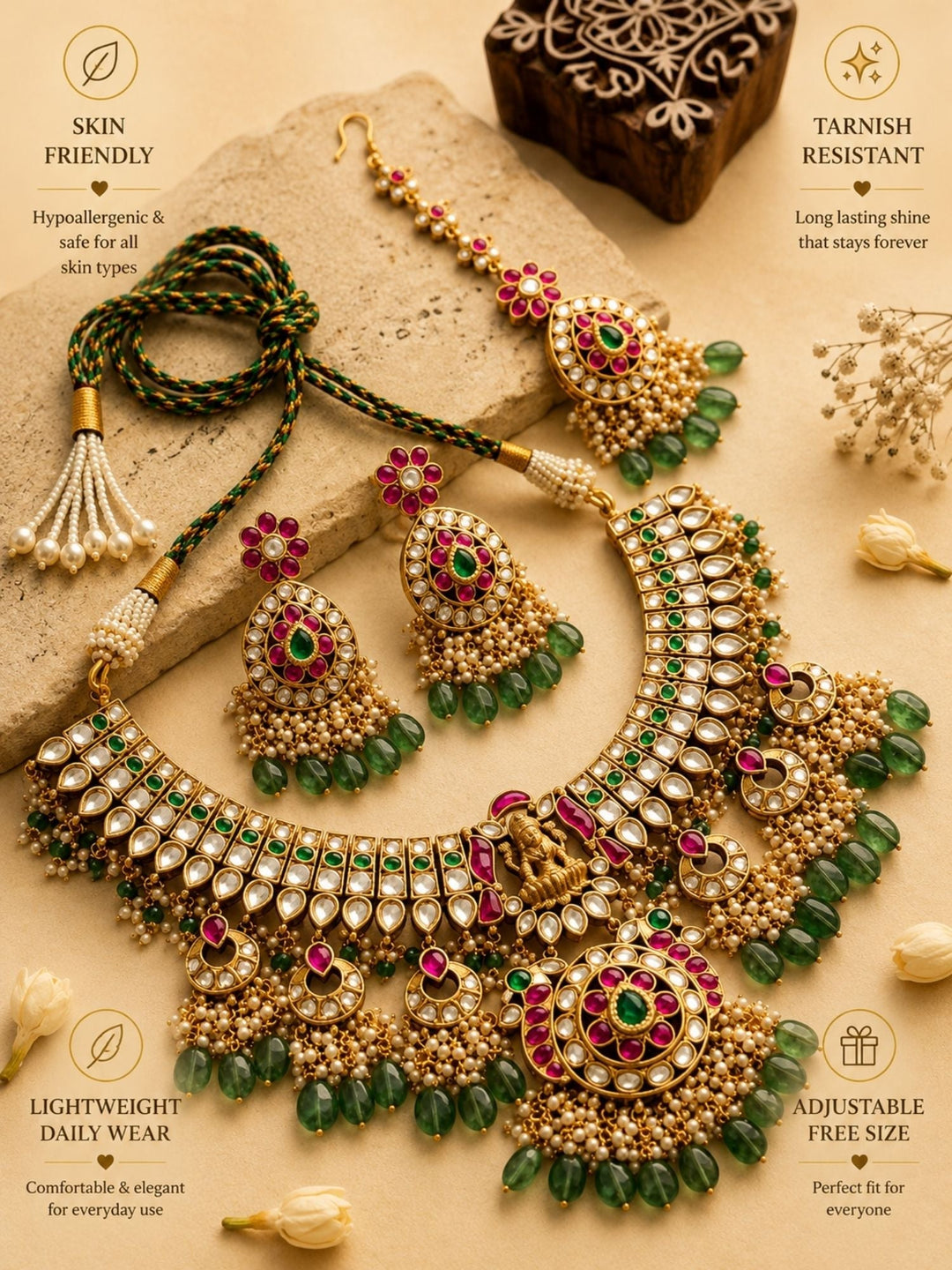 Royal Kundan Bridal Choker Set with Maang Tikka & Green Drops | SHOBITAM