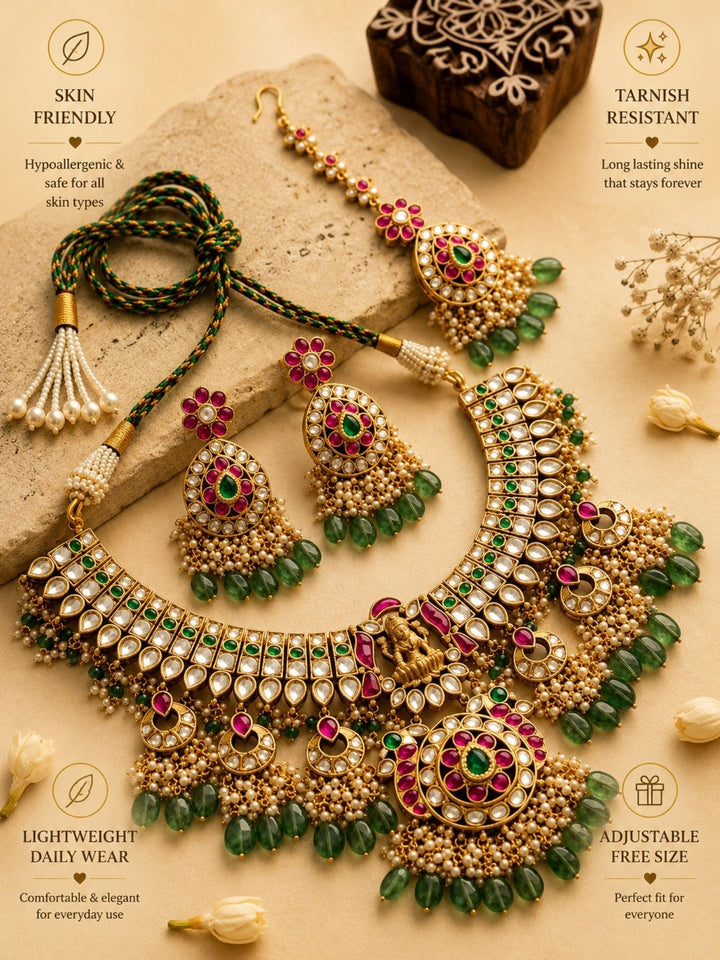 Royal Kundan Bridal Choker Set with Maang Tikka & Green Drops | SHOBITAM
