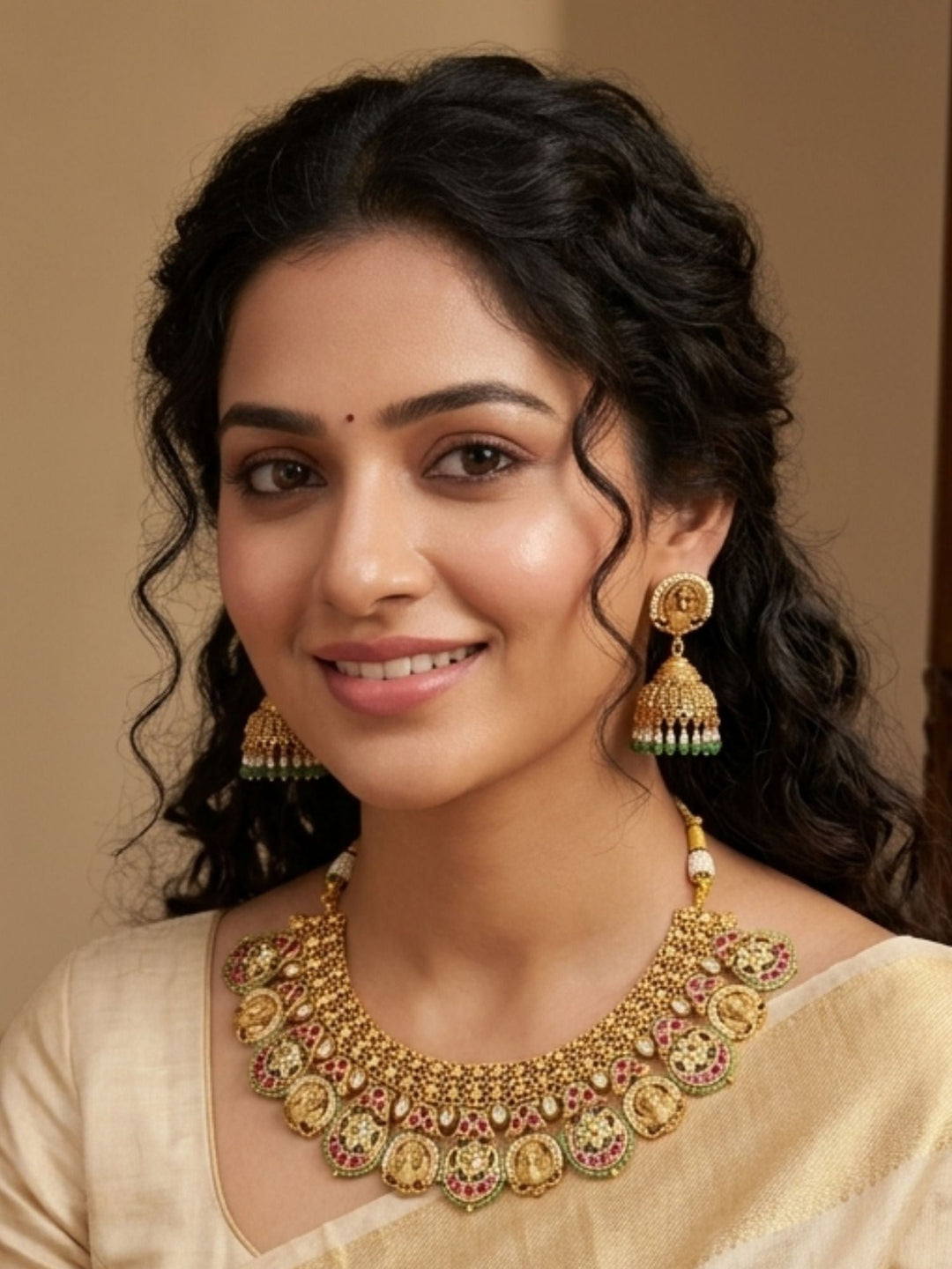 Antique Gold Peacock Motif Necklace Set with Ruby & Green Stones | SHOBITAM