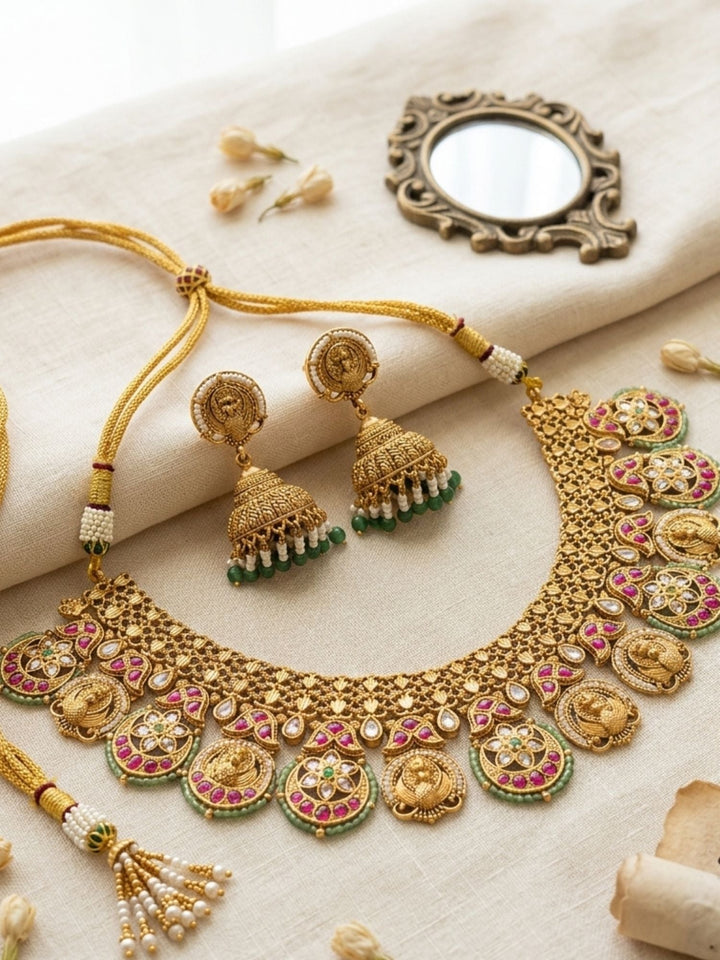 Antique Gold Peacock Motif Necklace Set with Ruby & Green Stones | SHOBITAM