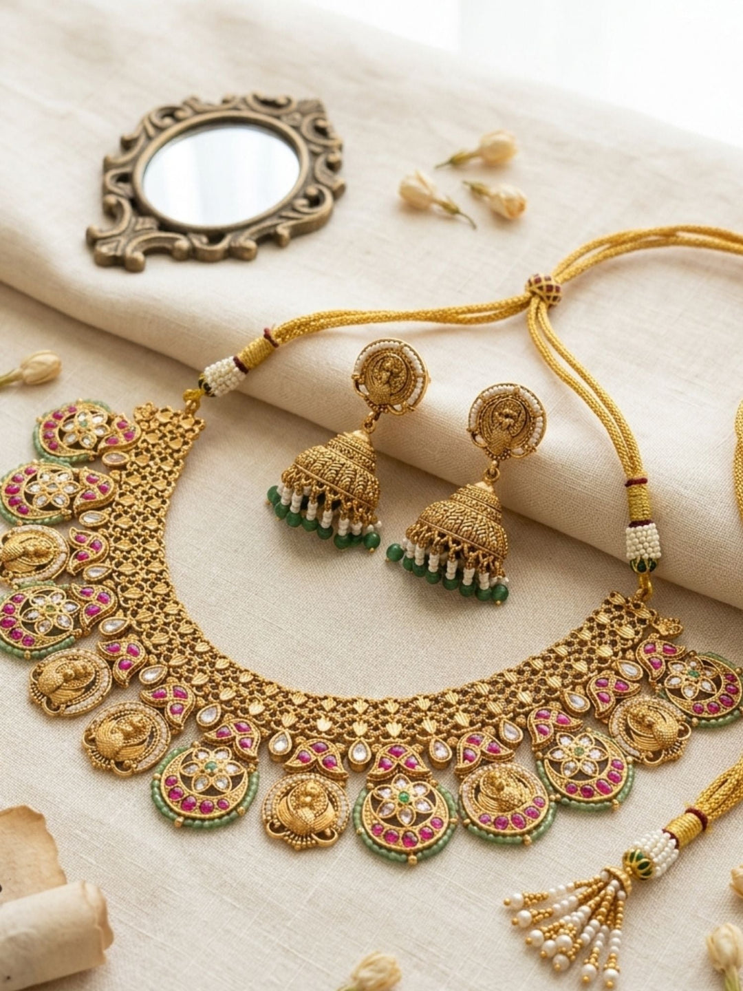 Antique Gold Peacock Motif Necklace Set with Ruby & Green Stones | SHOBITAM
