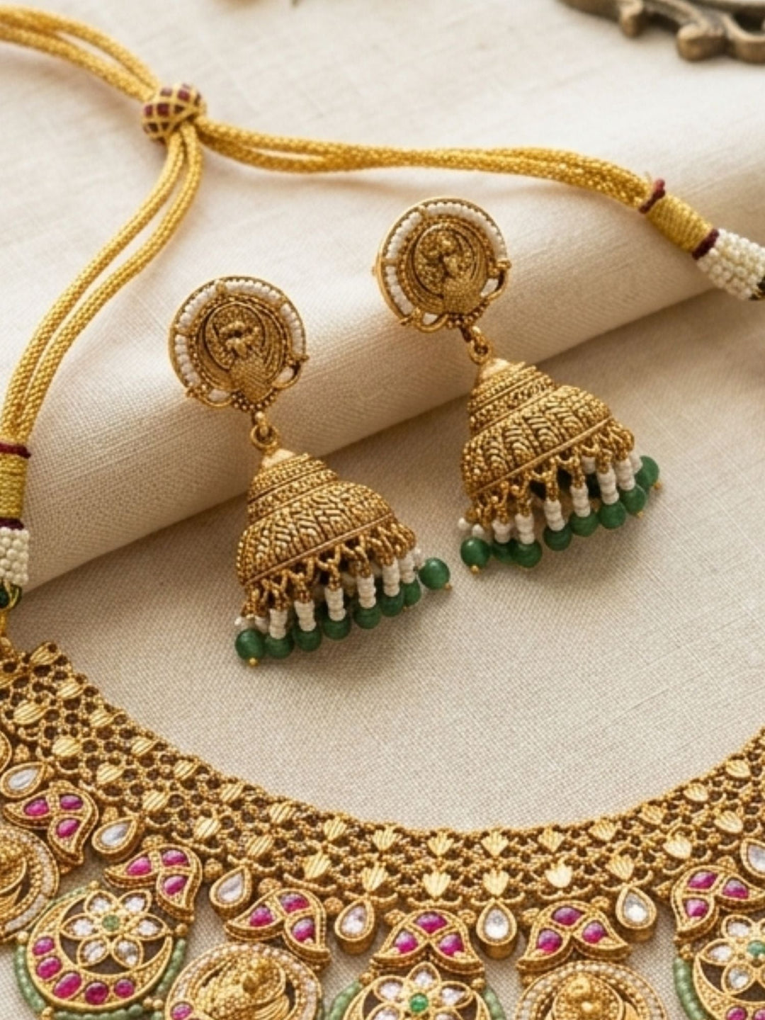Antique Gold Peacock Motif Necklace Set with Ruby & Green Stones | SHOBITAM
