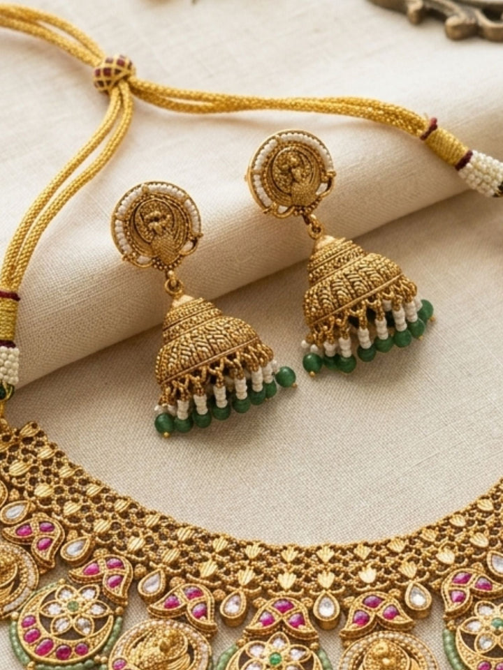 Antique Gold Peacock Motif Necklace Set with Ruby & Green Stones | SHOBITAM