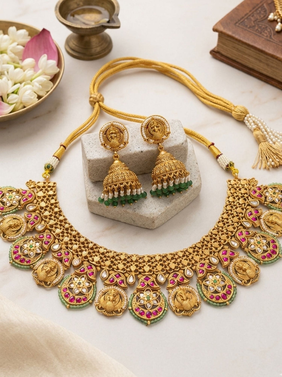 Antique Gold Peacock Motif Necklace Set with Ruby & Green Stones | SHOBITAM
