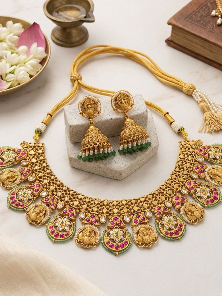 Antique Gold Peacock Motif Necklace Set with Ruby & Green Stones | SHOBITAM
