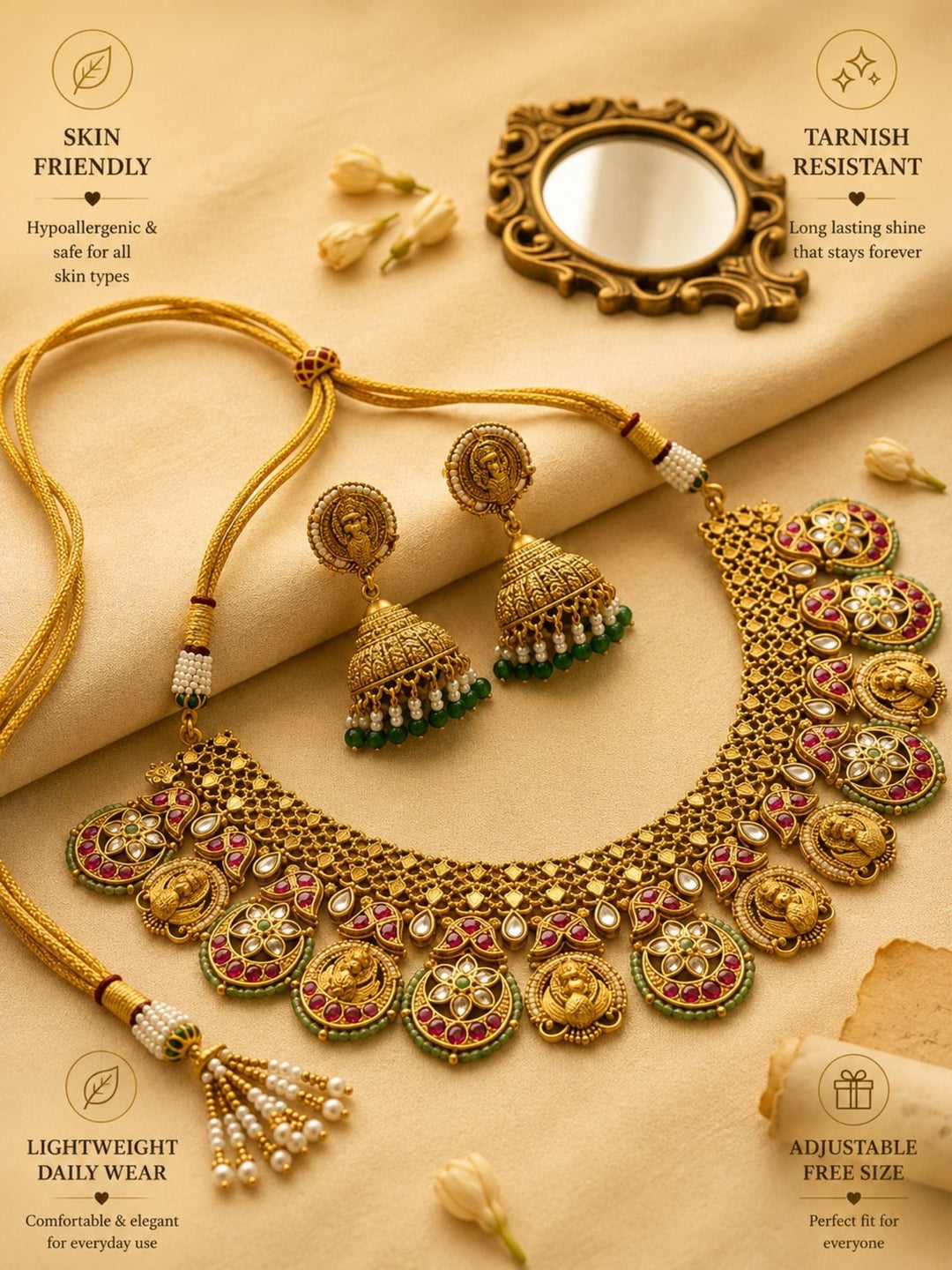 Antique Gold Peacock Motif Necklace Set with Ruby & Green Stones | SHOBITAM