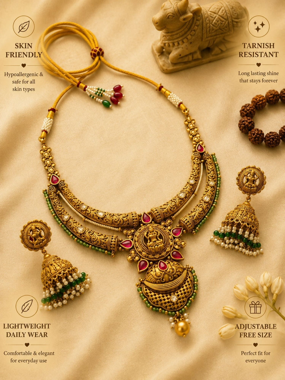 Antique Temple Lightweight Gold Tone Necklace Set with Ruby & Green Stone Detailing | SHOBITAM