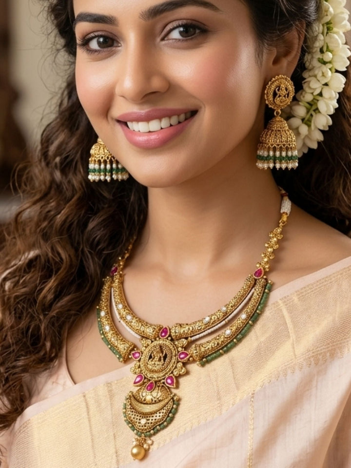 Antique Temple Lightweight Gold Tone Necklace Set with Ruby & Green Stone Detailing | SHOBITAM
