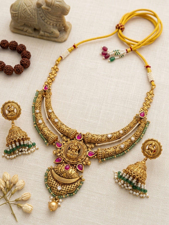 Antique Temple Lightweight Gold Tone Necklace Set with Ruby & Green Stone Detailing | SHOBITAM