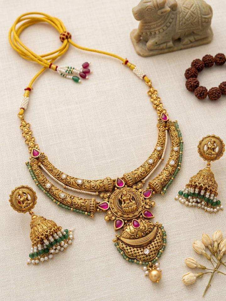 Antique Temple Lightweight Gold Tone Necklace Set with Ruby & Green Stone Detailing | SHOBITAM