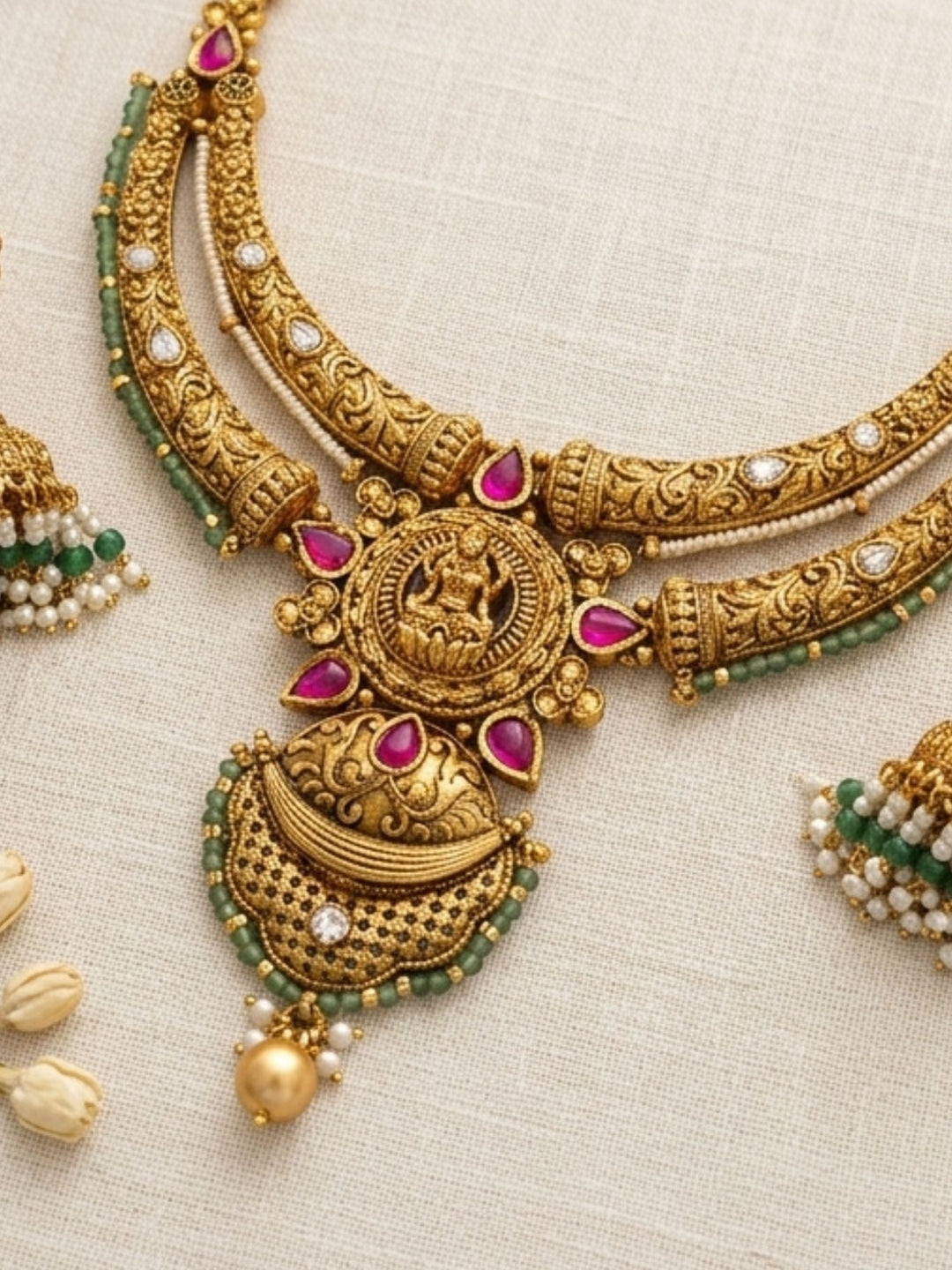 Antique Temple Lightweight Gold Tone Necklace Set with Ruby & Green Stone Detailing | SHOBITAM