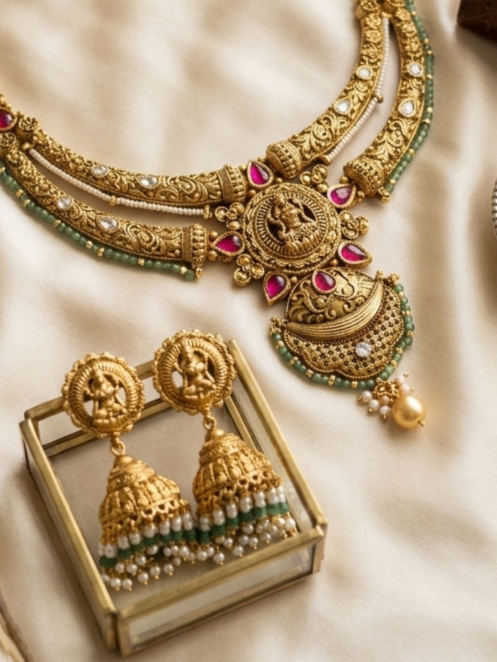 Antique Temple Lightweight Gold Tone Necklace Set with Ruby & Green Stone Detailing | SHOBITAM
