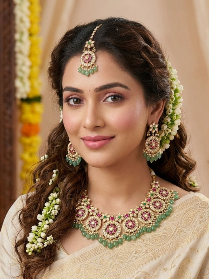 Royal Kundan Necklace Set with Maang Tikka & Green Bead Drops | SHOBITAM