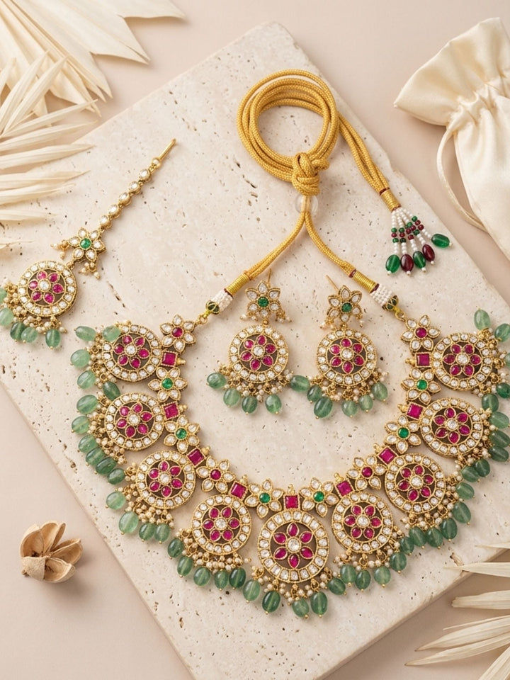 Royal Kundan Necklace Set with Maang Tikka & Green Bead Drops | SHOBITAM