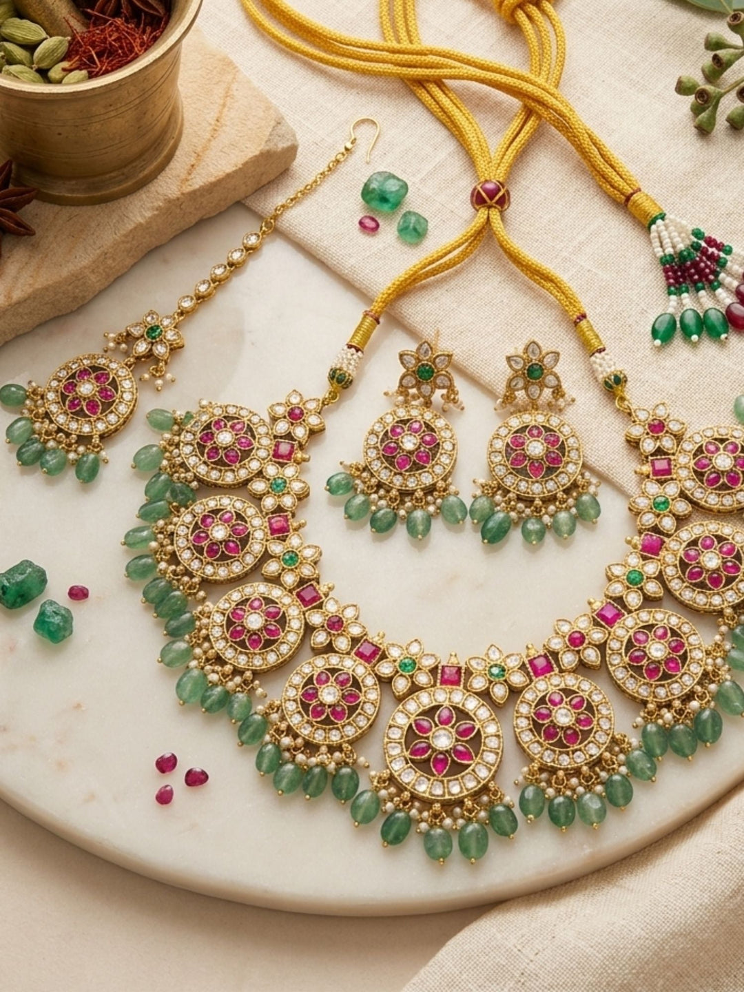Royal Kundan Necklace Set with Maang Tikka & Green Bead Drops | SHOBITAM