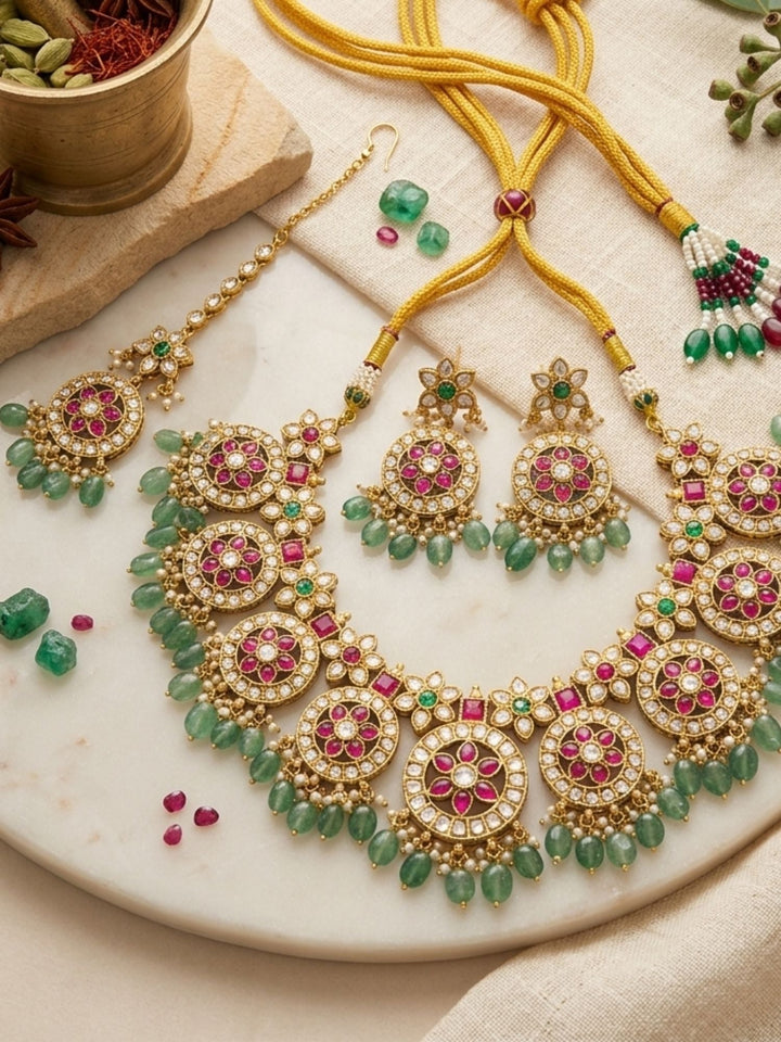 Royal Kundan Necklace Set with Maang Tikka & Green Bead Drops | SHOBITAM