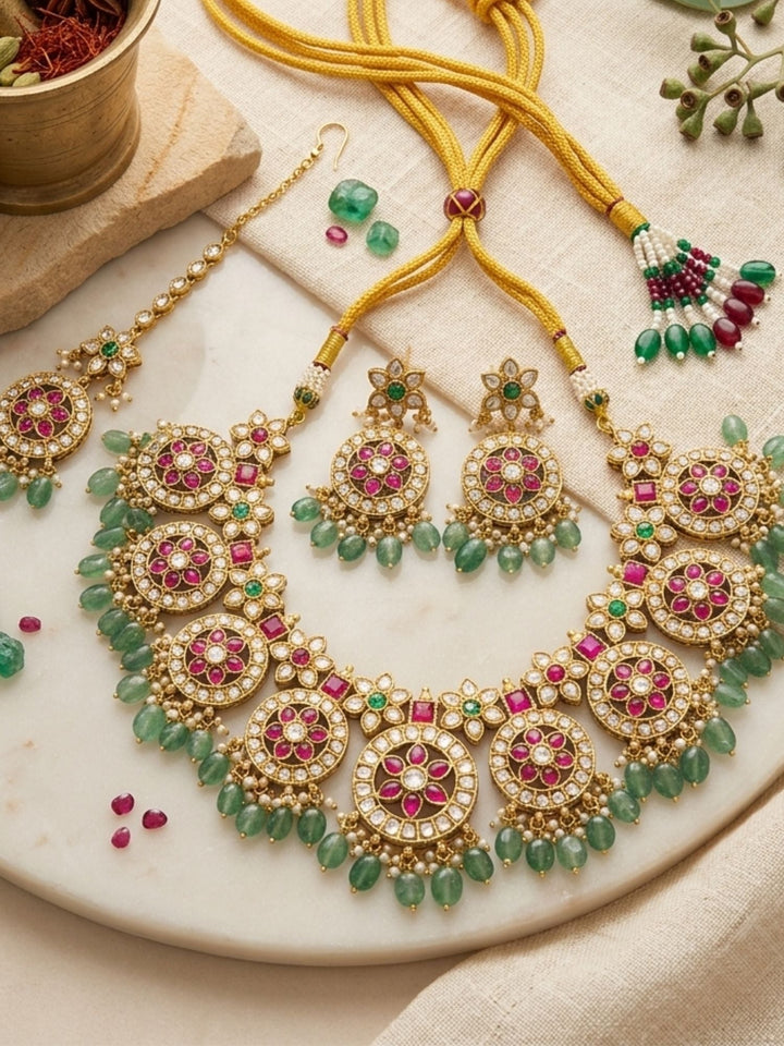 Royal Kundan Necklace Set with Maang Tikka & Green Bead Drops | SHOBITAM