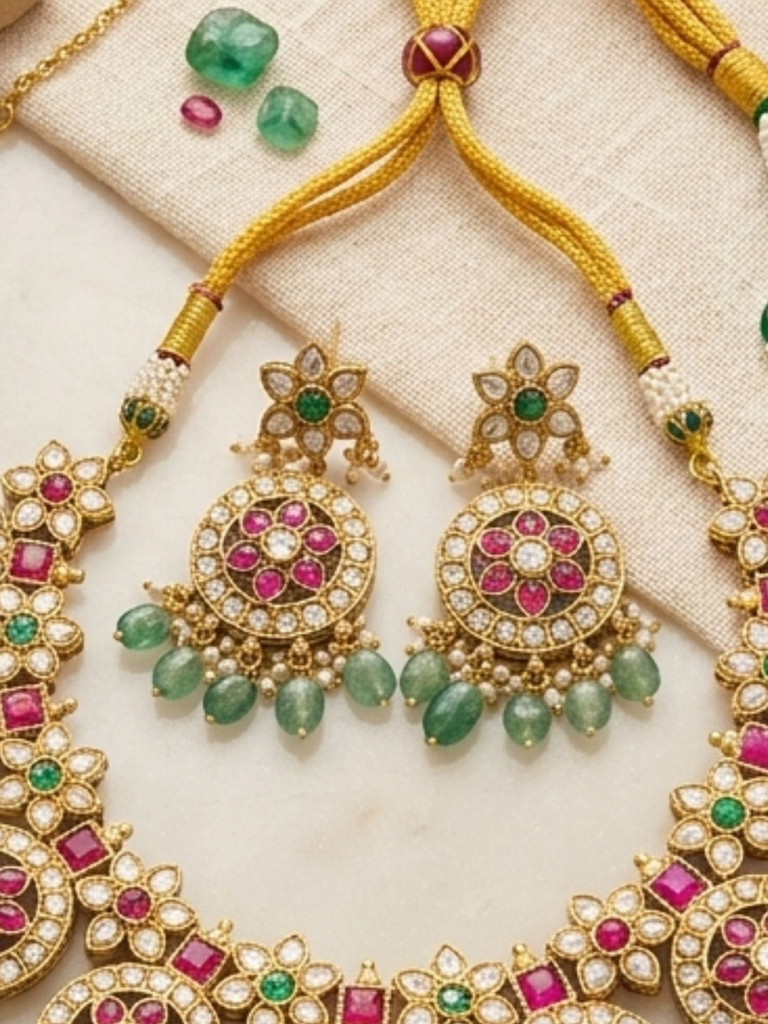 Royal Kundan Necklace Set with Maang Tikka & Green Bead Drops | SHOBITAM
