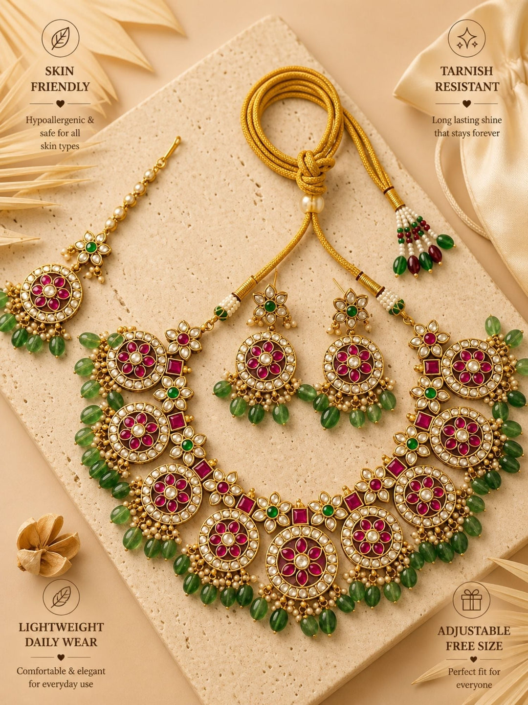 Royal Kundan Necklace Set with Maang Tikka & Green Bead Drops | SHOBITAM