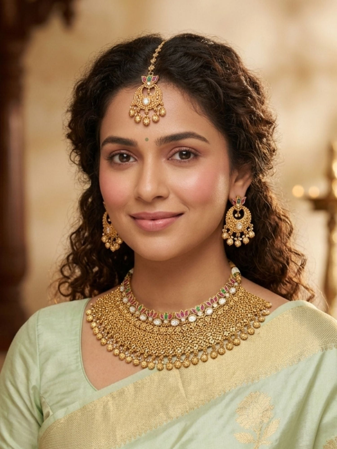 Traditional Gold Temple Jewelry Set with Maang Tikka | SHOBITAM