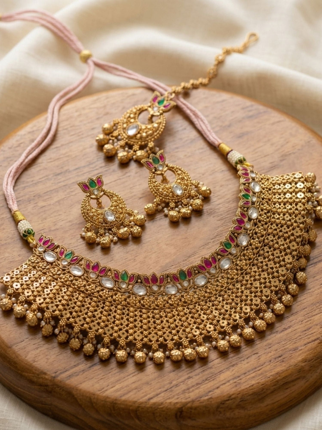 Traditional Gold Temple Jewelry Set with Maang Tikka | SHOBITAM