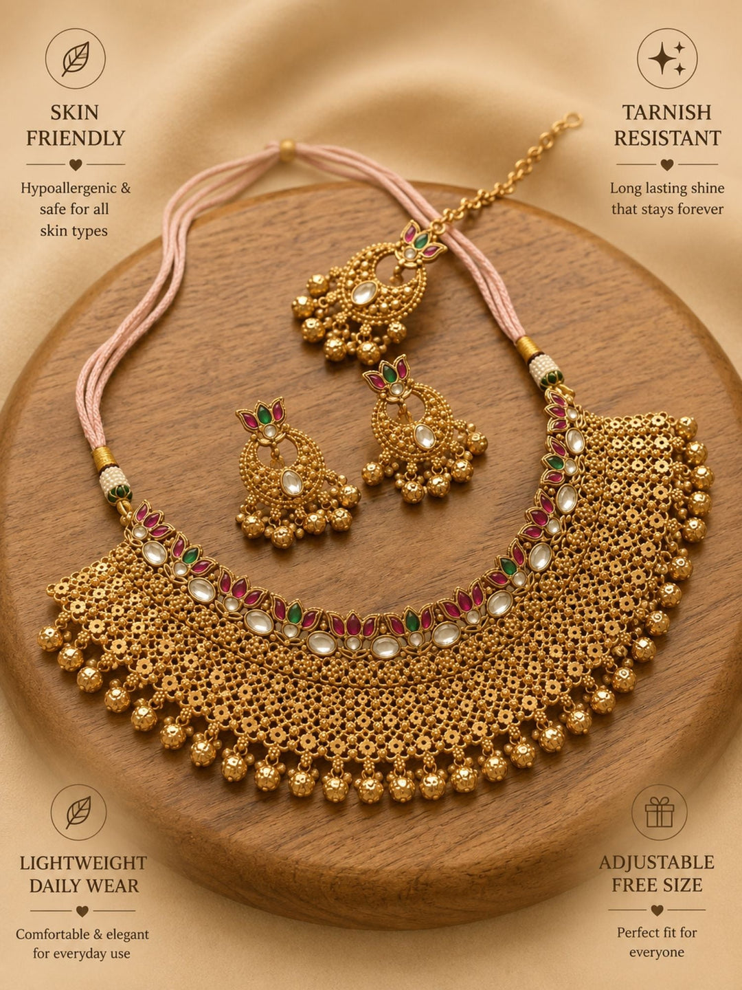 Traditional Gold Temple Jewelry Set with Maang Tikka | SHOBITAM