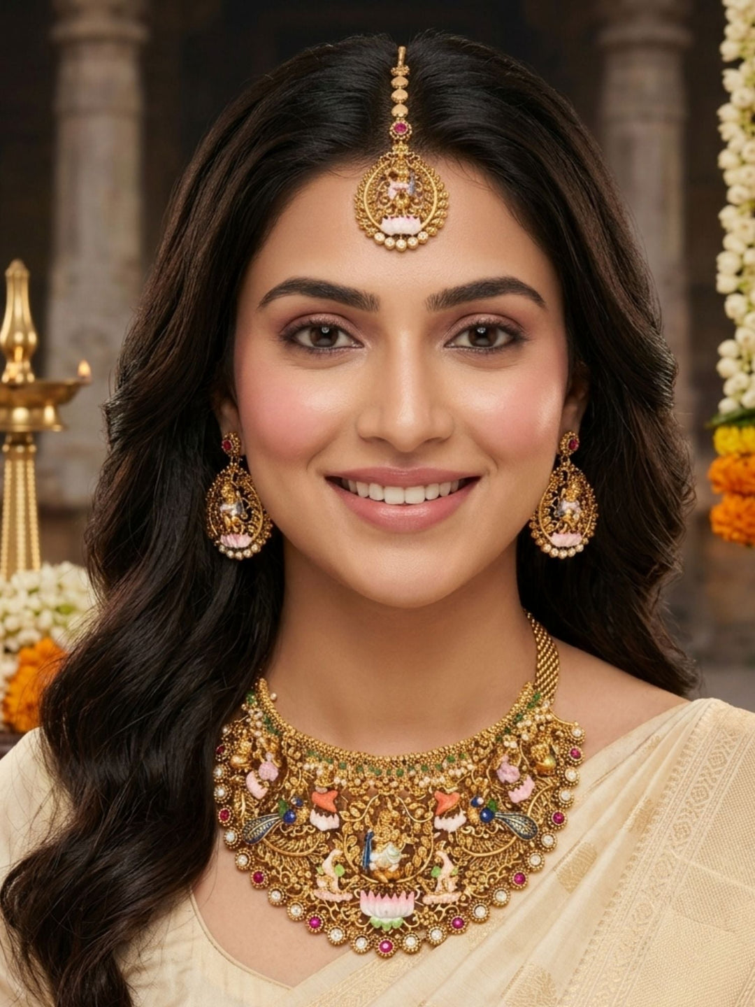 Royal Antique Gold Temple Jewelry Set with Intricate Choker, Maang Tikka & Earrings| SHOBITAM