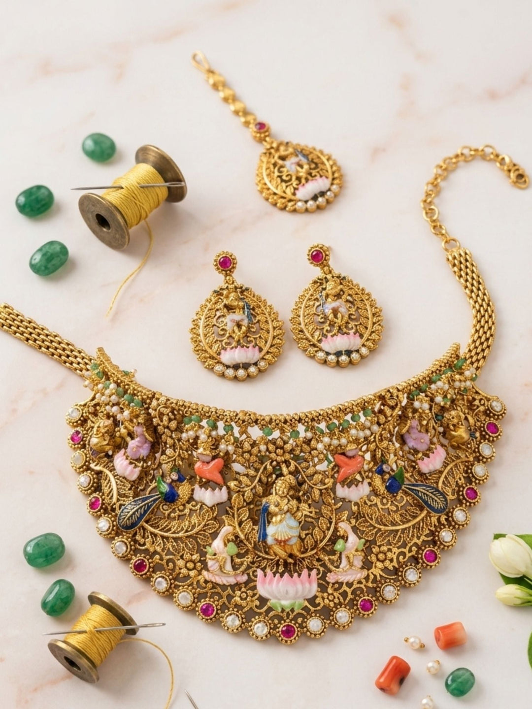 Royal Antique Gold Temple Jewelry Set with Intricate Choker, Maang Tikka & Earrings| SHOBITAM