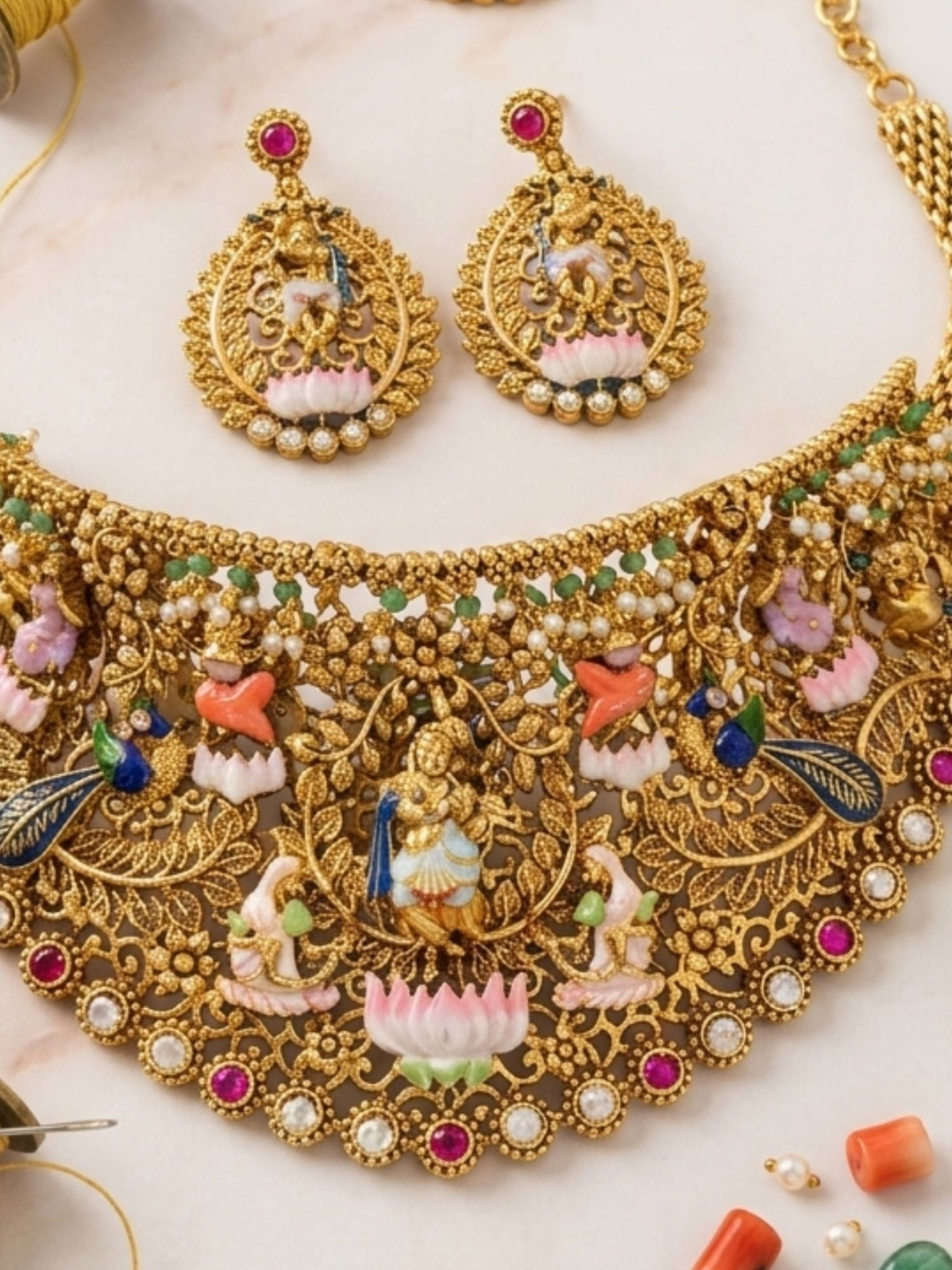 Royal Antique Gold Temple Jewelry Set with Intricate Choker, Maang Tikka & Earrings| SHOBITAM