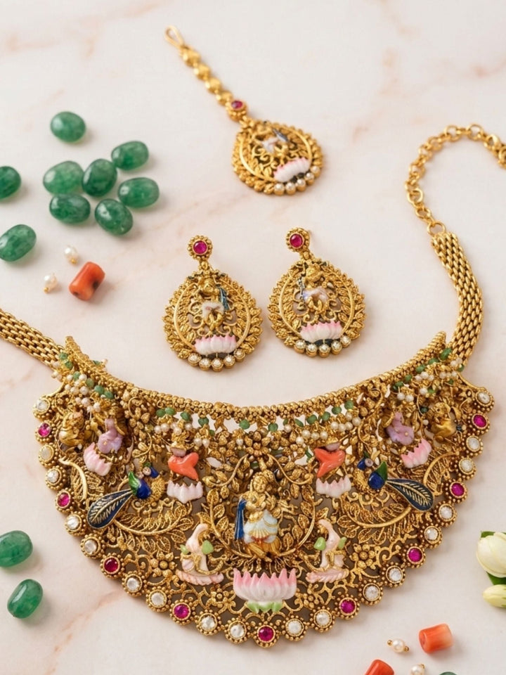 Royal Antique Gold Temple Jewelry Set with Intricate Choker, Maang Tikka & Earrings| SHOBITAM